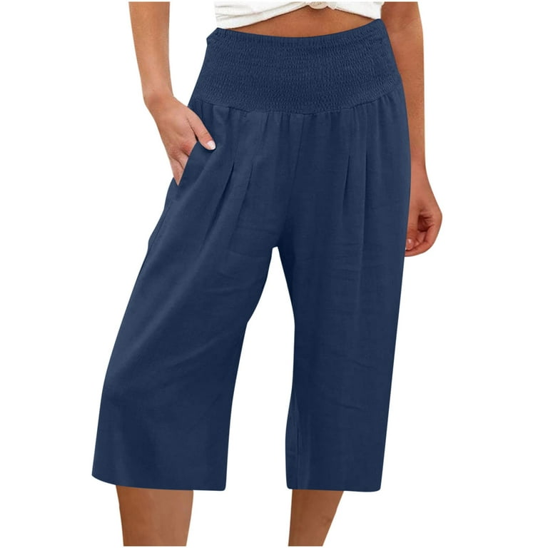 Mackneog Casual Loose Women Linen Capri Pants Summer Elastic
