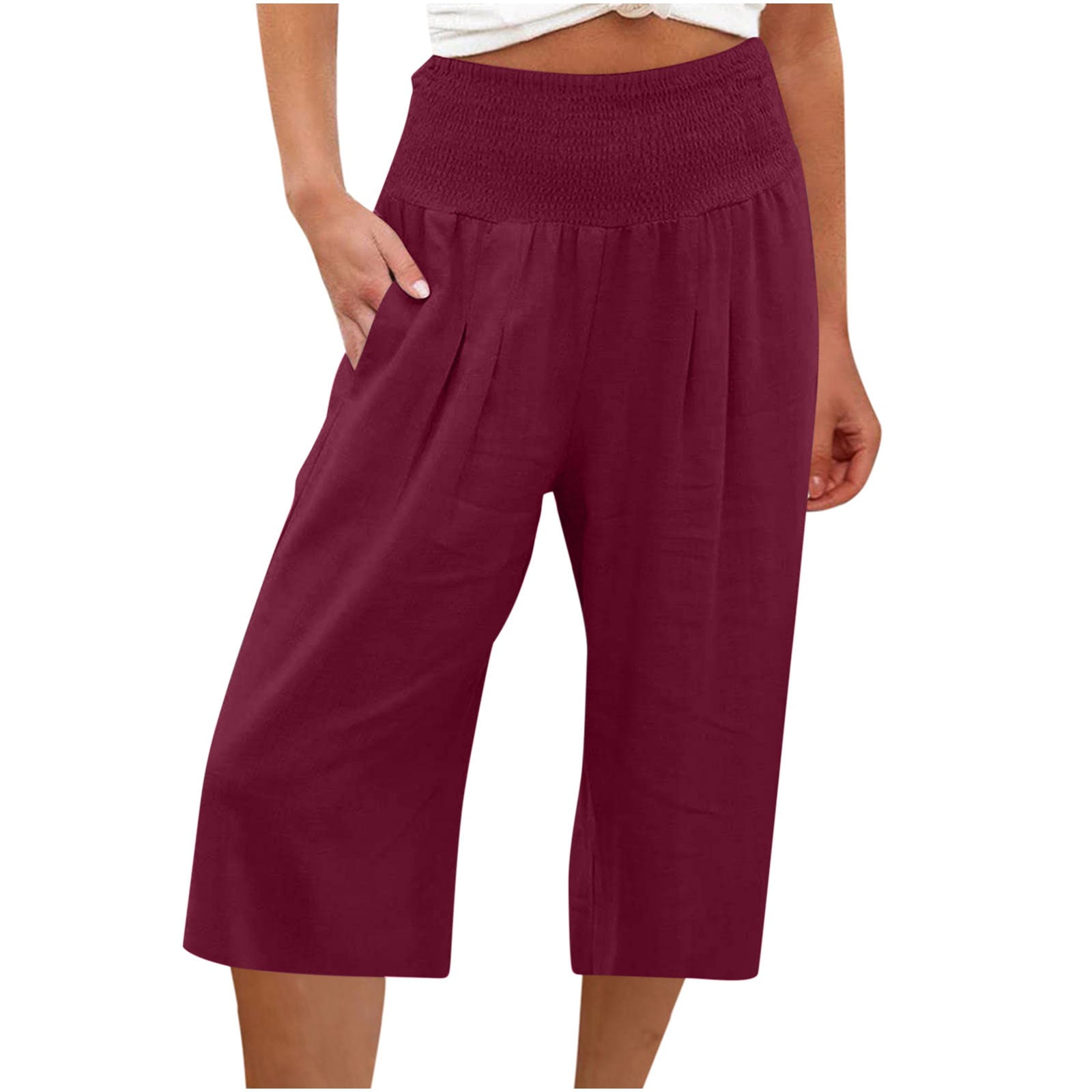 Boho Capri Pants for Women Cotton Linen Smocked High Waist Wide