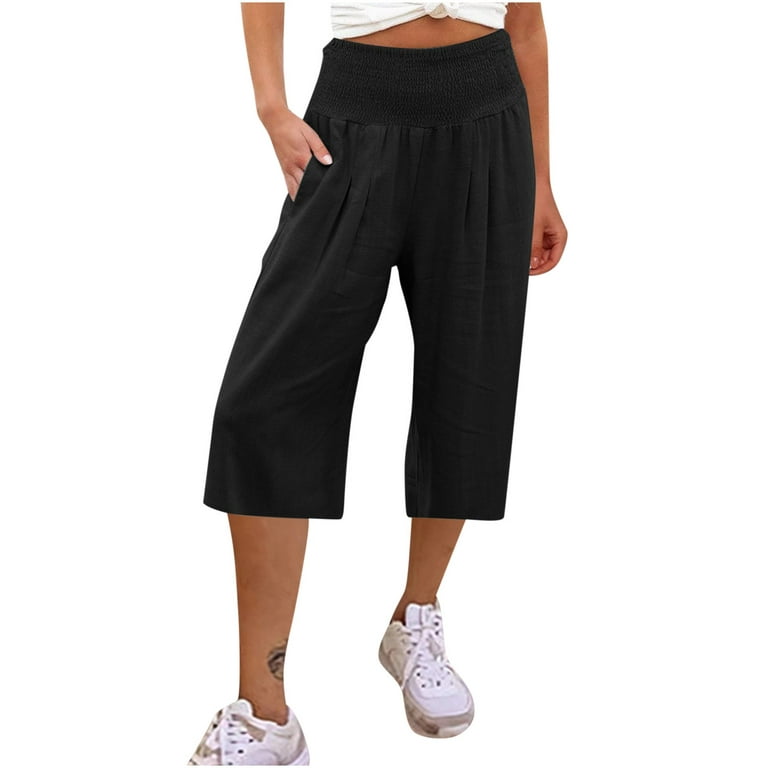 Boho Capri Pants for Women Cotton Linen Smocked High Waist Wide Leg Lounge  Capris Summer Casual Loose Solid Color (Medium, Black)