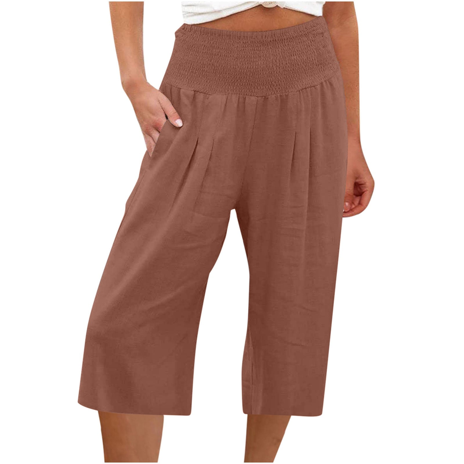 Boho Capri Pants for Women Cotton Linen Smocked High Waist Wide Leg Lounge  Capris Summer Casual Loose Solid Color (3X-Large, Brown) 