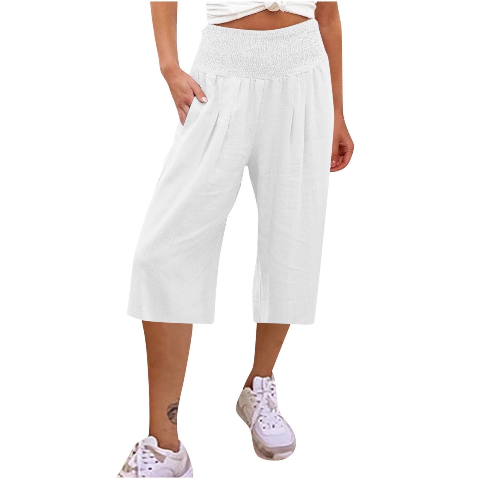 Boho Capri Pants for Women Cotton Linen Smocked High Waist Wide Leg Lounge Capris Summer Casual Loose Solid Color Medium White