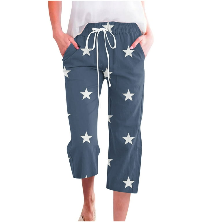 Boho Capri Pants for Women Cotton Linen Summer Casual Straight Leg Capris  Gradient Lightweight 3/4 Lounge Pant (X-Large, Navy2)