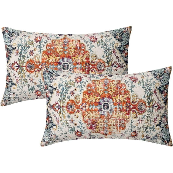 Boho Carpet Lumbar Pillow Covers 12x20 Inch Vintage Orange Blue Ethnic Bohemian Floral Rectangle Throw Pillows Small Pillowcases Farmhouse Accent Home Decor For Bedroom Couch Sofa Porch Set Of 2