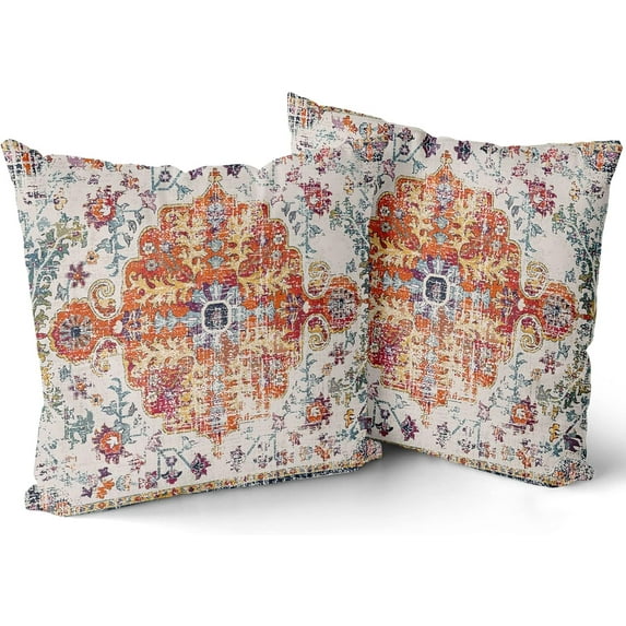 Boho Carpet Throw Pillow Covers 16x16 Inch Vintage Orange Blue Ethnic Bohemian Floral Decorative Pillows Square Pillow Cases Farmhouse Accent Home Decor for Bedroom Couch Sofa Porch Set of 2
