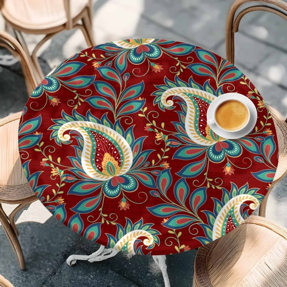 Boho Cashew Flower on Red Round Fitted Tablecloth with Elastic Edge,Waterproof Table Cloth Fits Tables Up to 36"-44",Wipeable Washable Table Cover for Indoor Outdoor,Abstract Ethnic Retro Floral