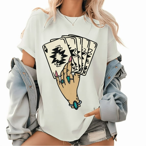 Boho Casino Queen Tee - Wild Card Hand & Turquoise Jewelry Print, Vintage Western Graphic T-Shirt