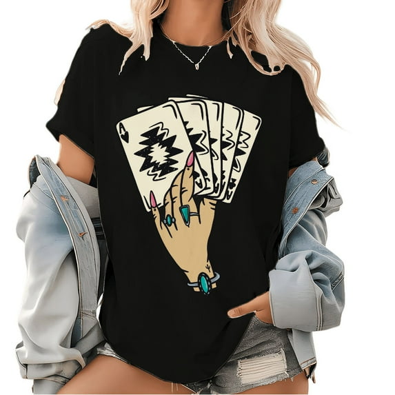 Boho Casino Queen Tee - Wild Card Hand & Turquoise Jewelry Print, Vintage Western Graphic T-Shirt