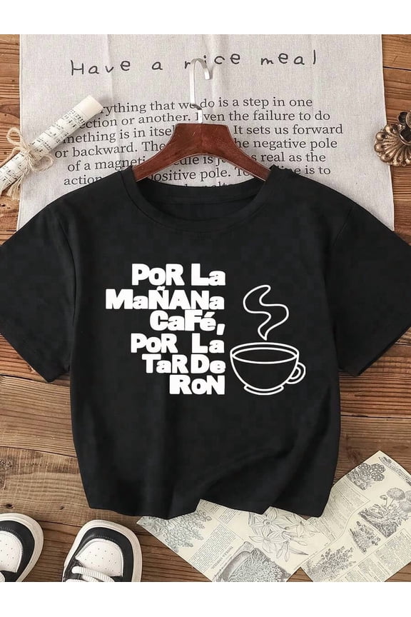 Boho Casual Crop Tee | "Morning Coffee, Afternoon Rum" Bold Print Shirt for a Relaxed Style
