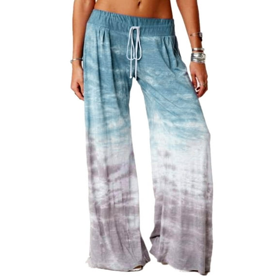 Boho Casual Pants for Womens Loose Wide Leg Elastic Palazzo Pant Tie Dye Summer Beach Harem Trousers