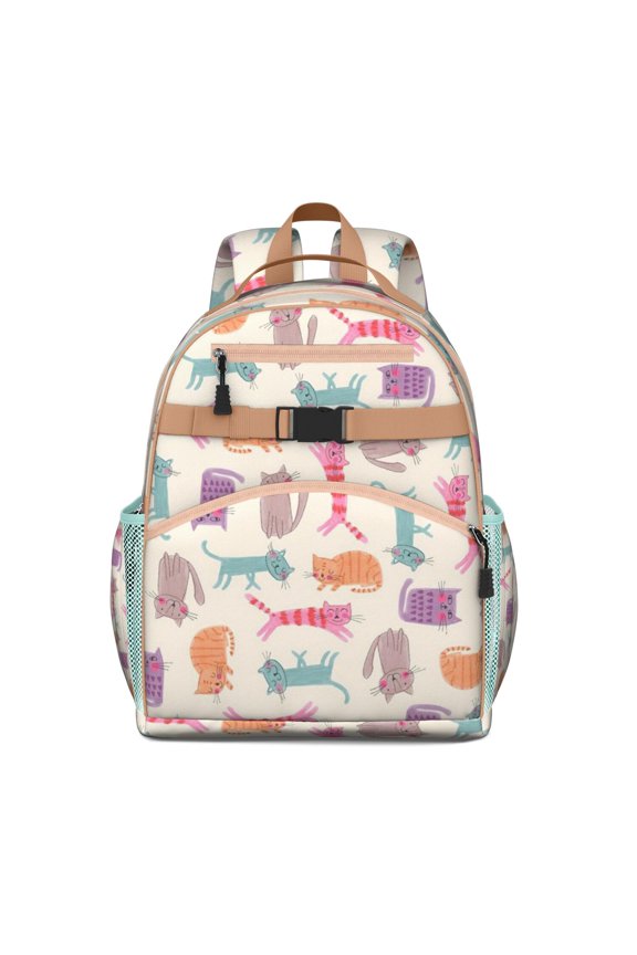 Boho Cat Aesthetic Students Backpack with Vintage Cat Illustration, Abstract Cat Art, and Cats & Hearts Pattern