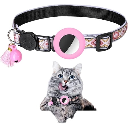 Boho Cat Airtag Collar with Bell and Tassels, Breakaway Apple Airtag Holder Collar for Kitten, Small Dog, Puppy (Pink)