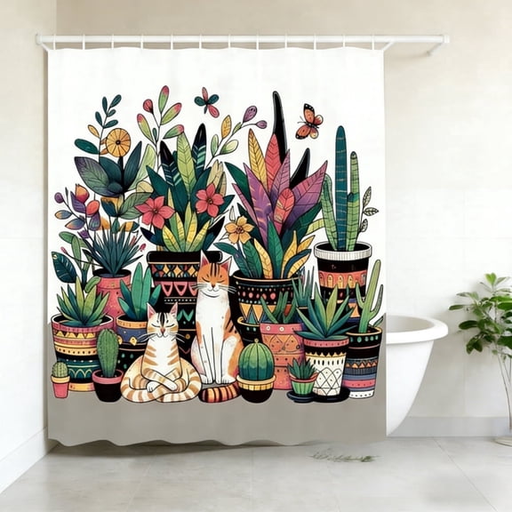 Boho Cat Cactus Shower Curtain, Tropical Succulent Plants Print Waterproof Fabric Bathroom Curtain with 12 Hooks,71" × 71"