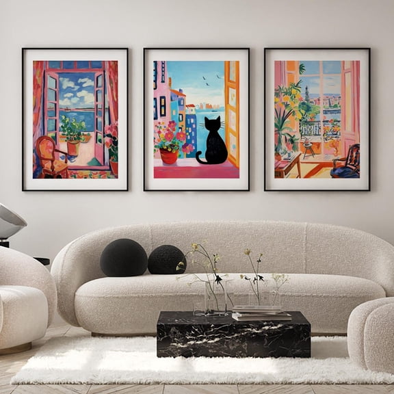 Boho Cat City View Art Retro Floral Window Prints Set 3 Stretched Canvas 16x24