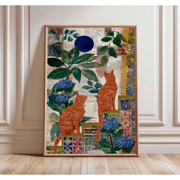 Boho Cat Collage Poster Abstract Botanical Print