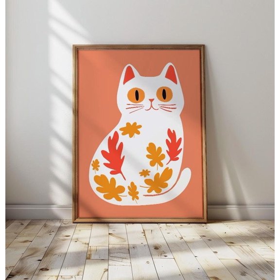 Boho Cat Fall Art Print, Abstract Autumn Decor Home Decor UNFRAMED Poster, Wall Art for Decor, Present, 8x12