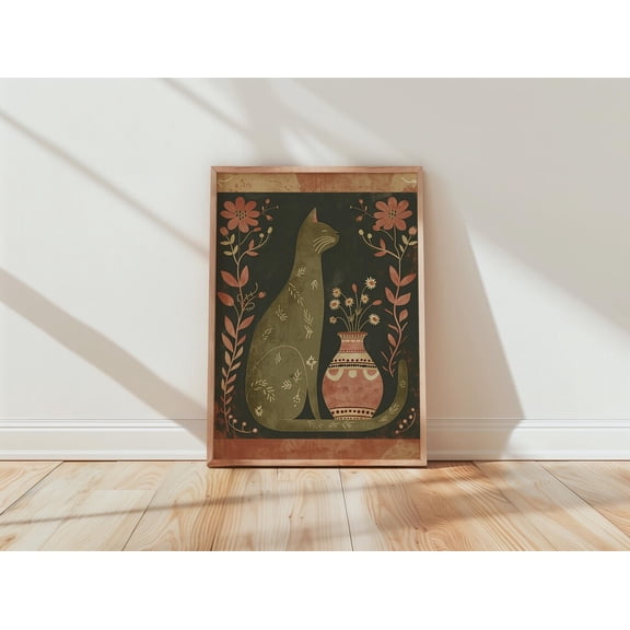 Boho Cat Floral Olive Rust Wall Art Poster Unframed Paper Print