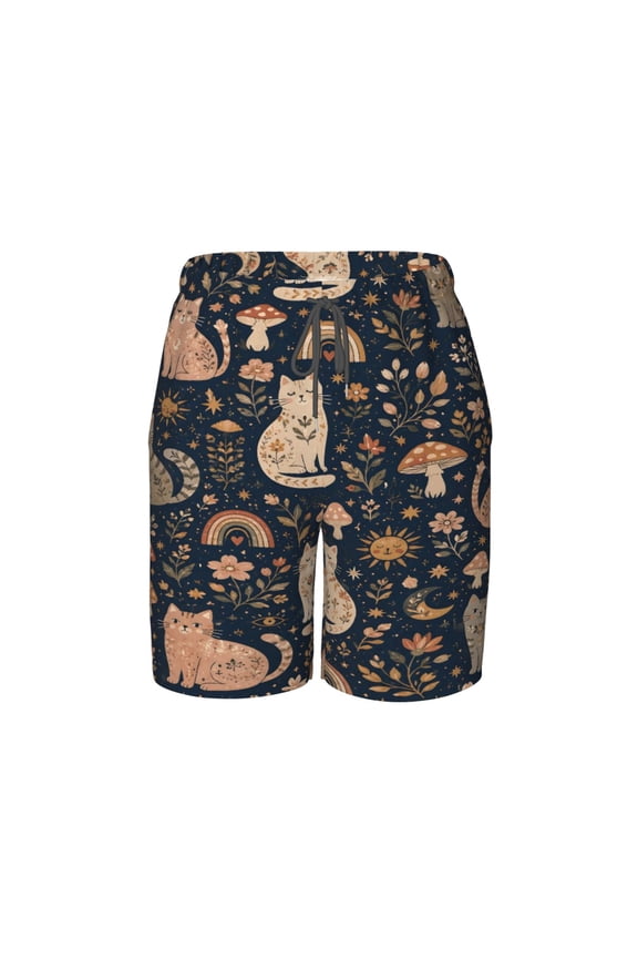 Boho Cat Mushroom Beach Pants Lightweight Teen Shorts with Mesh Lining and Drawstring