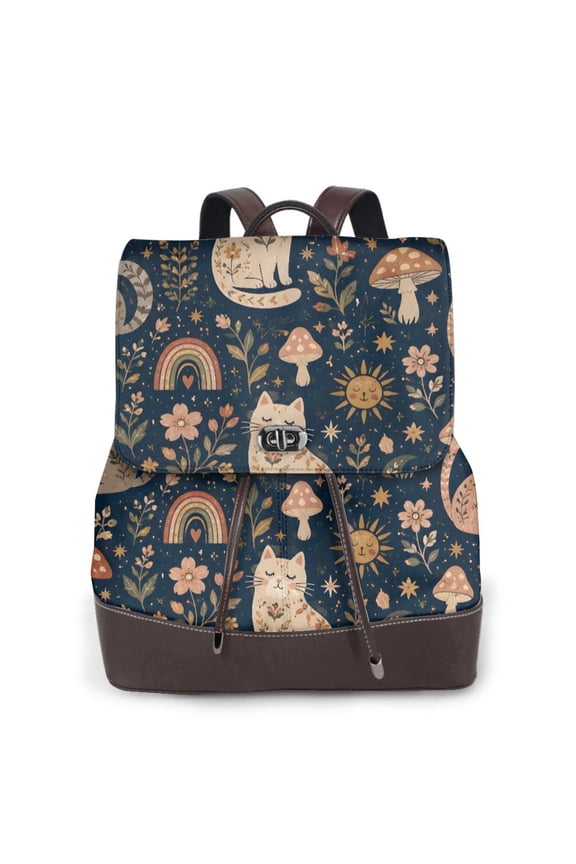 Boho Cat Mushroom Women's Leather Backpack All-Over Print Bag for Work and Travel
