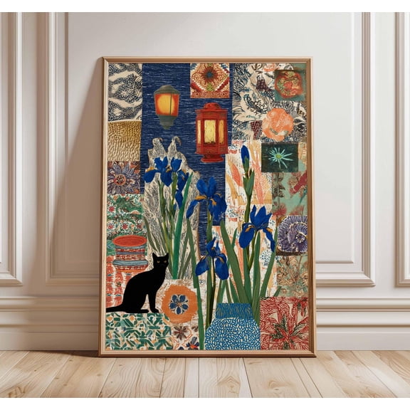 Boho Cat Poster Moroccan Lantern Wall Art Floral Collage Vintage Art, Unframed Poster