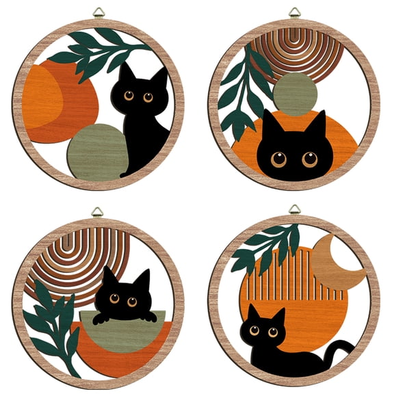 Boho Cat Wooden Wall Art Black Kitty Wall Decor Mid Century Wall sculpture Geometric Sun Cut-out Artwork Cat Gifts for Cat Lovers Set of 4 for Living Room Bedroom Dining Room 11.5x11.5 In
