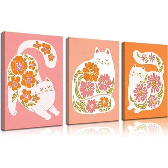 Boho Cats Canvas Wall Art Funny White Cat Wall Decor Pictures Cute Colorful Floral Cats Posters Prints for Living Room Bedroom Bathroom Nursery Home Decoration(Framed canvas)