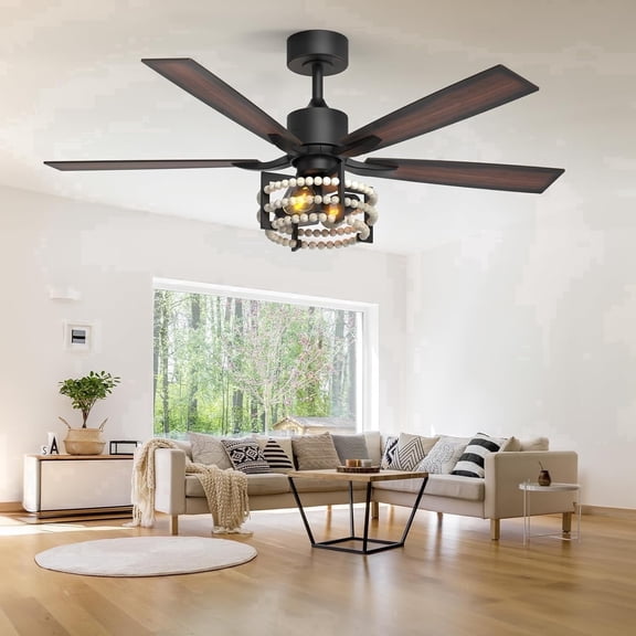 Boho Ceiling Fans with Lights Remote 52 Inch, Farmhouse Caged Ceiling Fan, 5 Double Finish Wood Blades, Reversible DC Motor, Rustic Ceiling Fan for Living Rooms, Bedrooms, Porch, Boho Decor