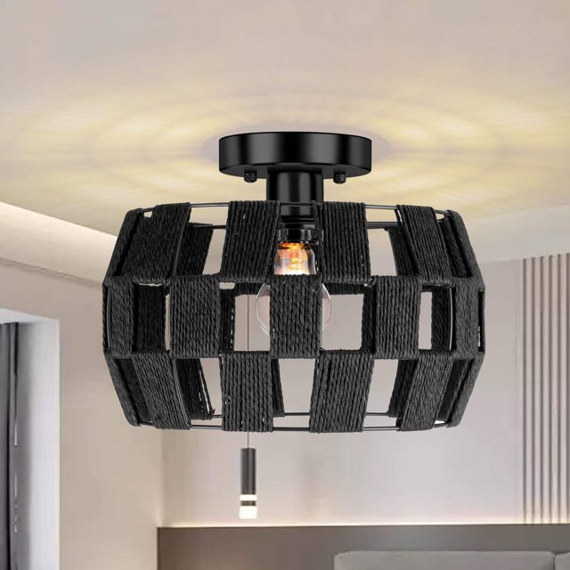 Boho Ceiling Light Fixture,Black Small Rattan Chandelier, Semi Flush