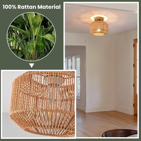 Boho Ceiling Light Fixture, Coastal Handmade Woven Light Fixtures Ceiling Mount, Brown Rattan Semi Flush Mount Ceiling Light for Nursery Kitchen Bedroom Living Room Hallway Laundry, E26 Base