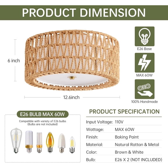 Boho Ceiling Light Fixtures 12.6" Flush Mount Ceiling Light, Hand-Woven Rattan Light Fixture for Bedroom Close to Ceiling Light Modern Ceiling Light for Foyer Hallway Entryway Kids Room