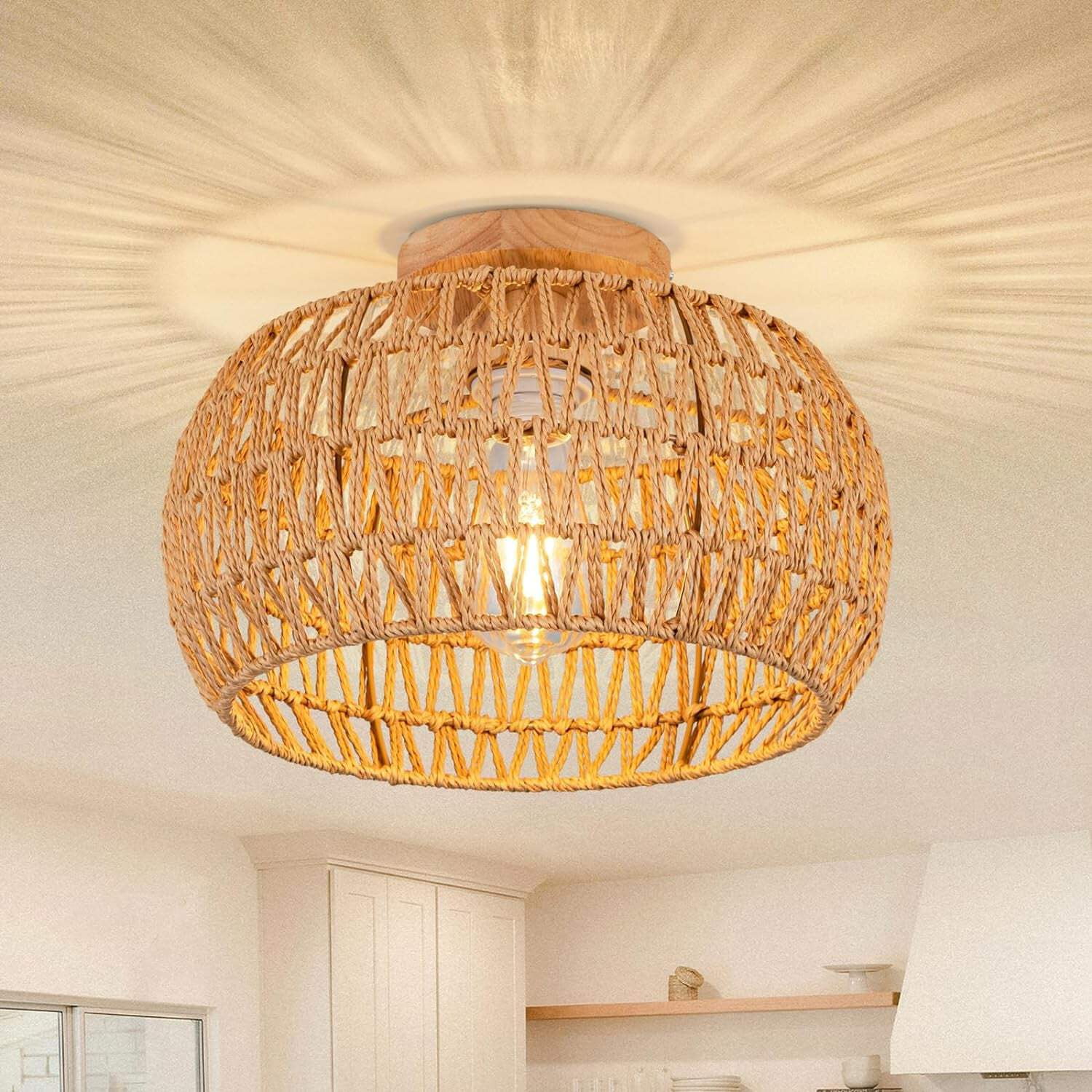 Boho Ceiling Light Fixtures Cream White Rattan Chandelier Light Small ...