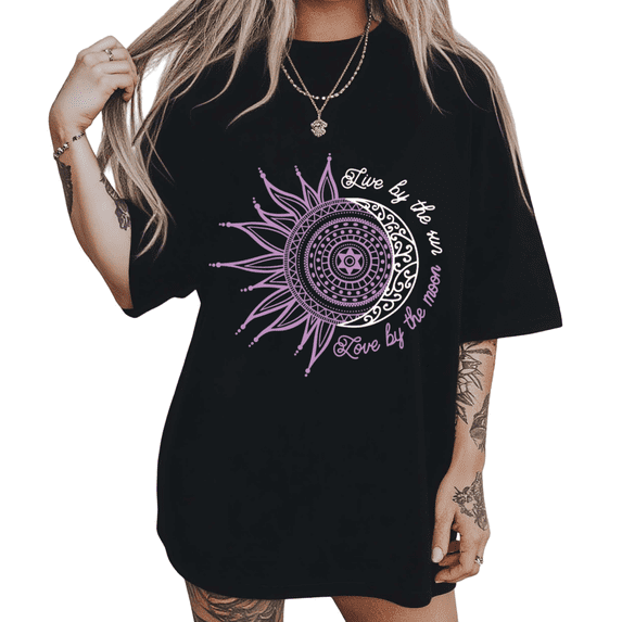Boho Celestial Balance Print Womens Short Sleeve T-Shirt Oversized Black Tops