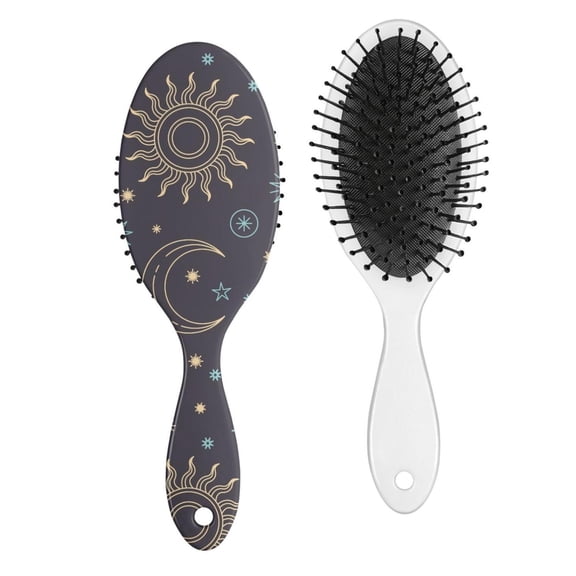Boho Celestial Detangling Hair Brush – Golden Sun and Moon Art Paddle Brush with Soft Bristles, Astrology Print Wooden Handle Comb