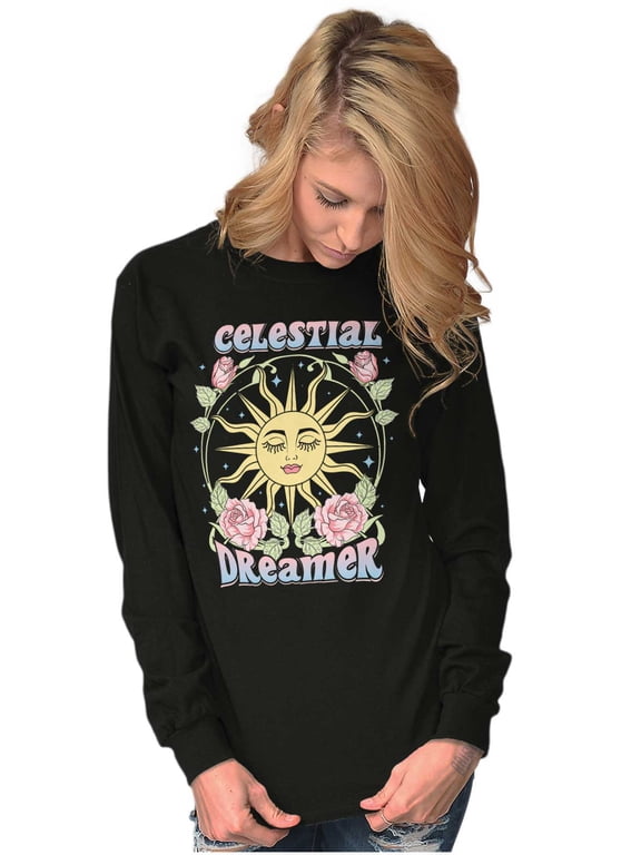Boho Celestial Dreamer Sun Face Women Plus Size Long Sleeve Graphic Tee Brisco Brands 3X