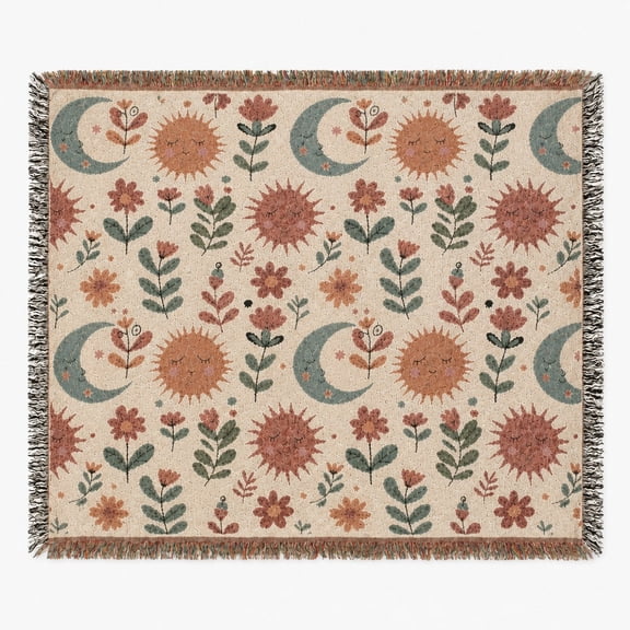 Boho Celestial Floral Terracotta, Sage and Cream Woven Throw Blanket, 100% Cotton with Fringed Edges, Home Decor