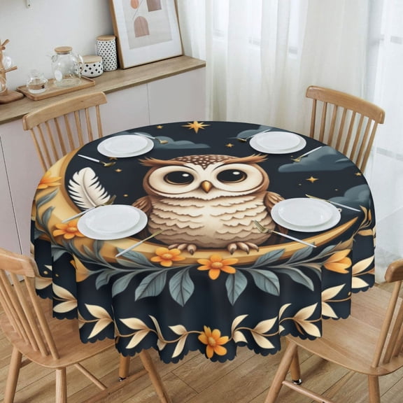 Boho Celestial Owl On Crescent Moon With Floral WreathRound Tablecloth Waterproof Oil-Proof Plastic Table Cloth Stain-Resistant Wipeable 60" for Camping, Dining, Indoor and Outdoor