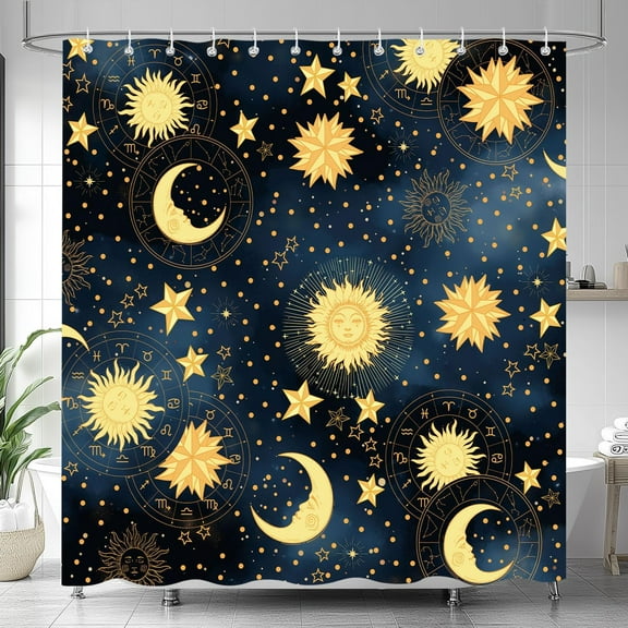 Boho Celestial Shower Curtain, Gold Sun and Moon Galaxy Zodiac Design Bath Curtains for BathroomFun Navy Blue Stars Starry Sky Decor Waterproof Fabric Shower Curtain Sets 12 Hooks 72X72 in