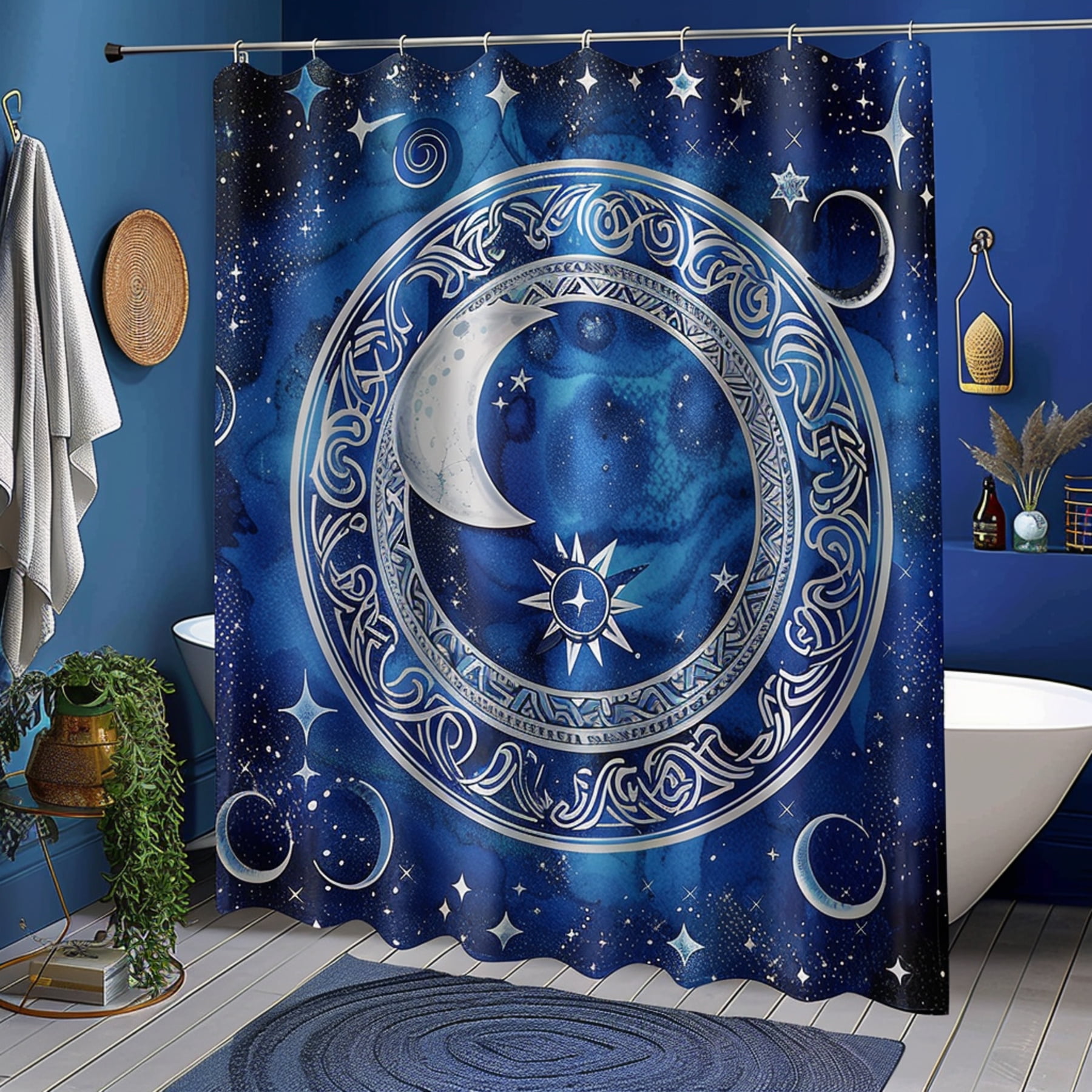 Boho Celestial Shower Curtain with Blue and White Moon Design Intricate ...