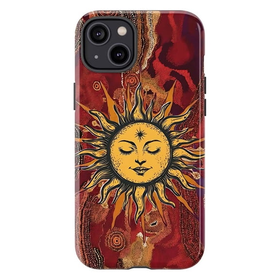 Boho Celestial Sun Face Phone Case, Vintage Red Abstract Art Design for iPhone 17 16 15 14 13 12 11 Pro Plus Mini