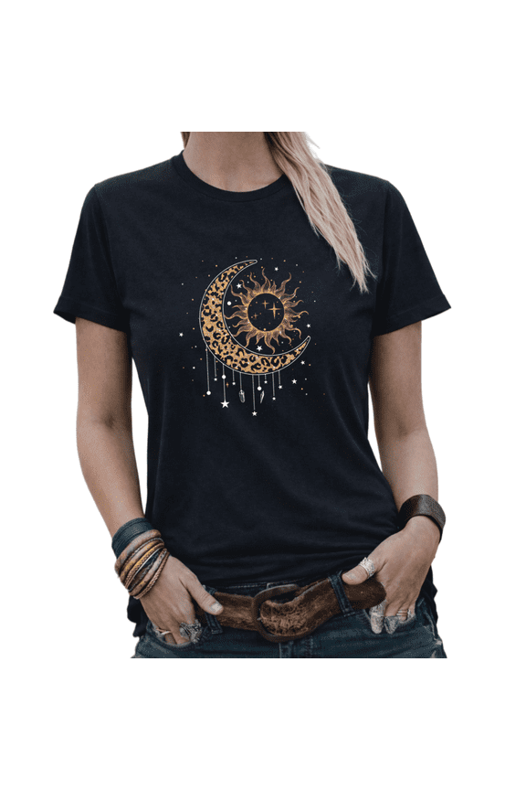 Boho Celestial Sun Moon Leopard Print Graphic Tees Womans Oversized Tshirt Tops Black/White S-5XL