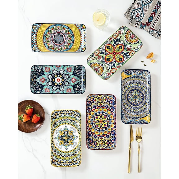Boho Ceramic Dinner Plates 10 Inch – Large Rectangular Serving Plates Set of 6 for Salad, Sushi & Main Dishes, Microwave & Dishwasher Safe