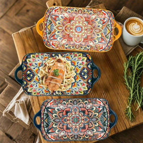 Boho Ceramic Serving Platters Set of 4, 12 Inch Large Porcelain Dishes for Entertaining, Microwave Safe