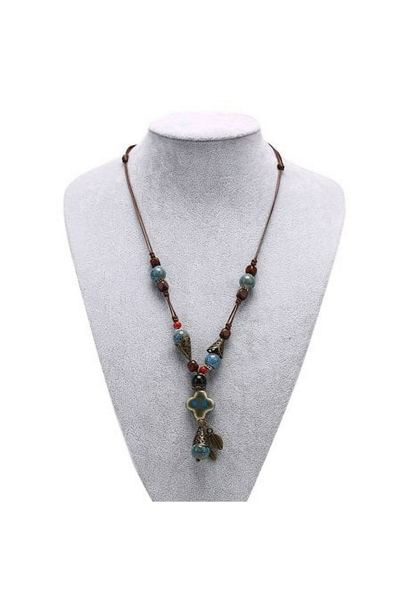 Boho Ceramic Statement Necklaces Woman Long Wood Sweater Chain Pendant Jewelry