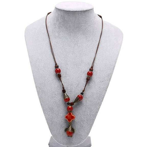 Boho Ceramic Statement Necklaces Woman Long Wood Sweater Chain Pendant Jewelry