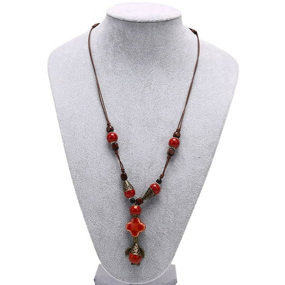 Boho Ceramic Statement Necklaces Woman Long Wood Sweater Chain Pendant Jewelry