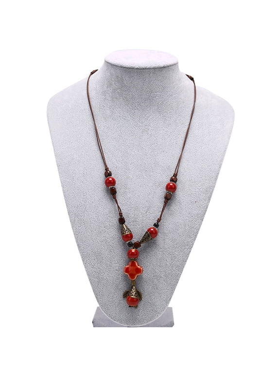 Boho Ceramic Statement Necklaces Woman Long Wood Sweater Chain Pendant Jewelry
