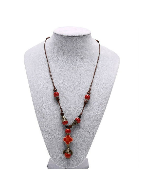 Boho Ceramic Statement Necklaces Woman Long Wood Sweater Chain Pendant Jewelry