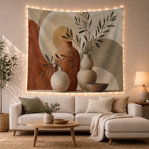 Boho Ceramic Vases Still Life in Abstract Sunburst, Serene Boho for Plant Lovers, Earthy Wall Art Decor, Housewarming Gift Tapestry Wall Hanging for Living Room and Bedroom