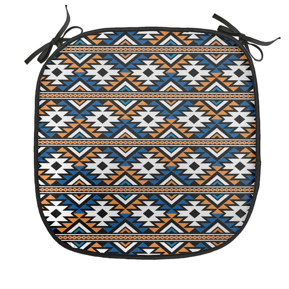 Boho Chair Seating Cushion, Borders Seamless Geometrical Pattern in Boho Art Style, Soft Seat Pads for Office with Anti-slip Backing, 16"x16", Orange Blue and White, by Ambesonne