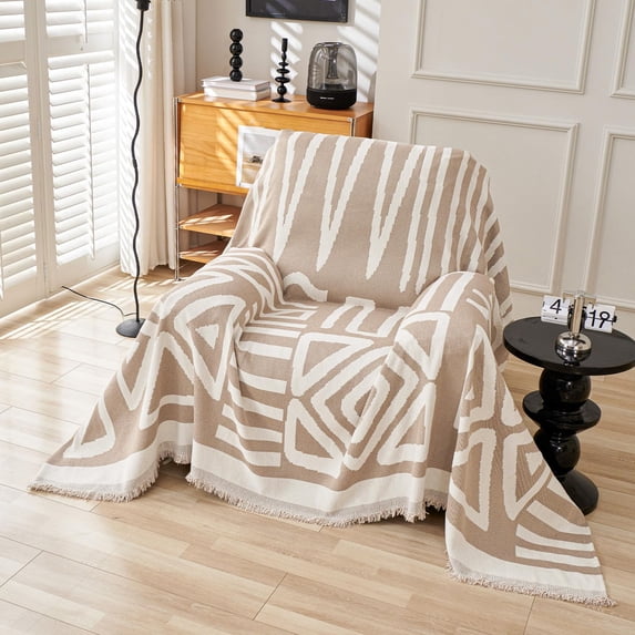 Boho Chair Sofa Cover Breathable Washable Chenille Couch Cover Thick Beige Cream White Armchair Cover Modern Plaid Triangle Sofa Slipcover Chair Cover with Arms Oversized Chair Sofa Cover
