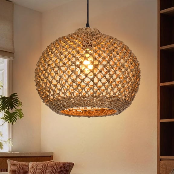 Boho Chandelier, Farmhouse Ceiling Hanging Lamp Shade, Natural Rattan Weaving Light Fixture, Rustic Round Pendant Lighting for Kitchen Dining Room Restaurant Bar, 13.78" W x 11.02" H